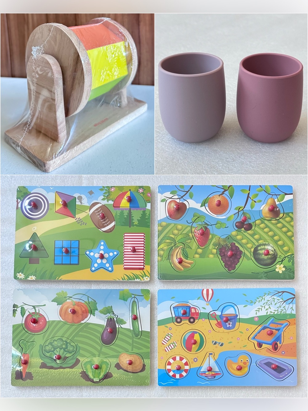NWT. Baby/Toddler BUNDLE Wooden Rainbow Spinner Training Cups Peg Puzzle Set